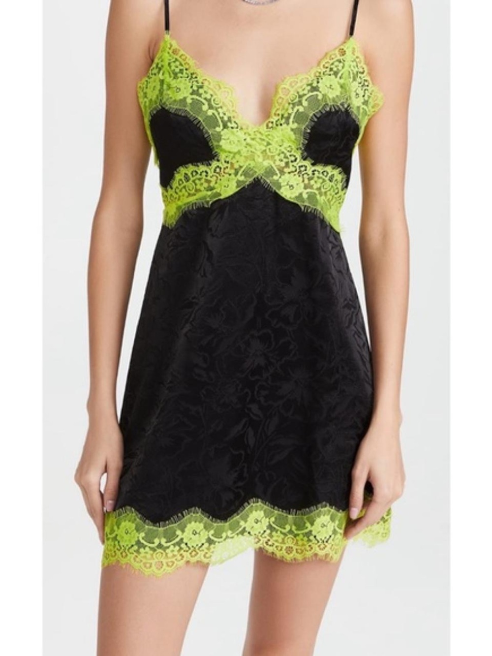 ALICE+ OLIVA Zaira Empire Waist Lace
Trim Dress in Black & Lime Punch Slip Dress